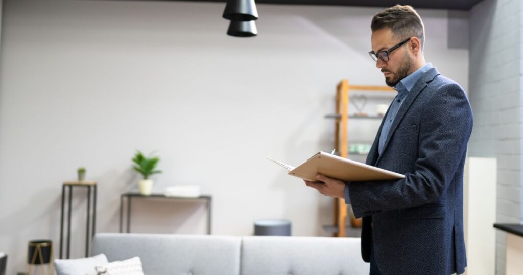 Male real estate agent or client reading over property listing paperwork.